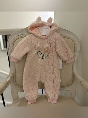 🩰 3~6 Mth Tahari Ballet Pink Sherpa Hooded One-Piece with Deer Appliqué NWT